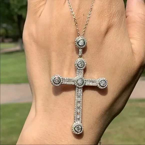 New Luxury 925 Silver Beautiful Cross For Men Women Diamond Necklace - Picture 4 of 15